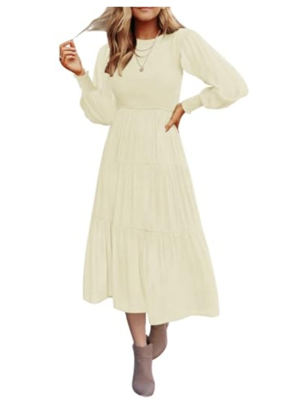 Smocked Tiered Midi Dress with Pockets Long Sleeve Pleated